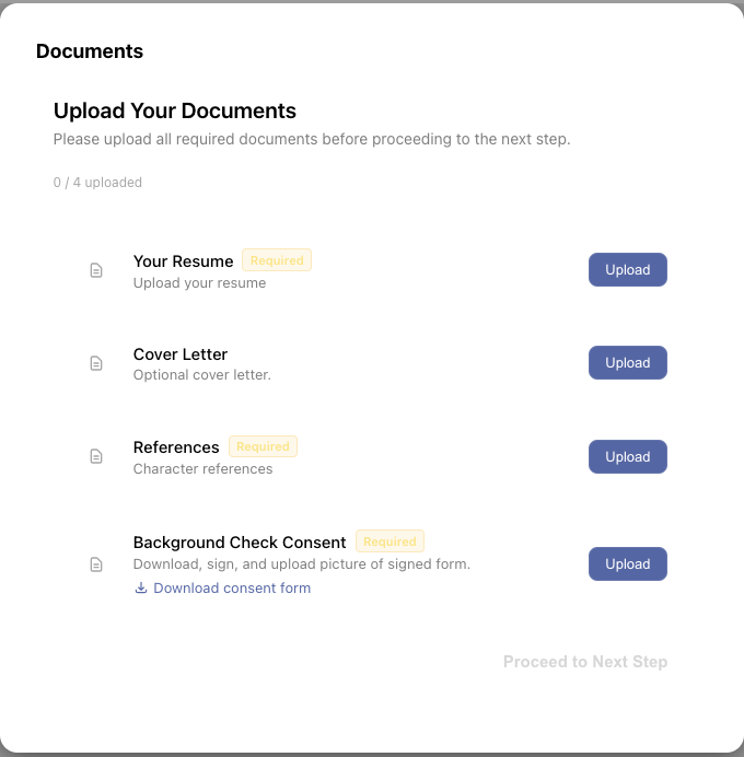 Candidate document upload step