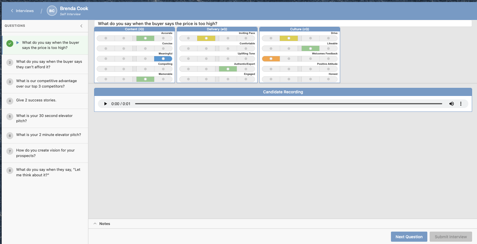 Rating panel showing Content, Delivery and Culture scores